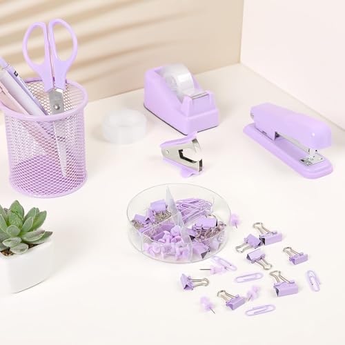 SKYDUE Purple Desk Accessories, Stapler and Tape Dispenser Set,10PCS - color: Purple