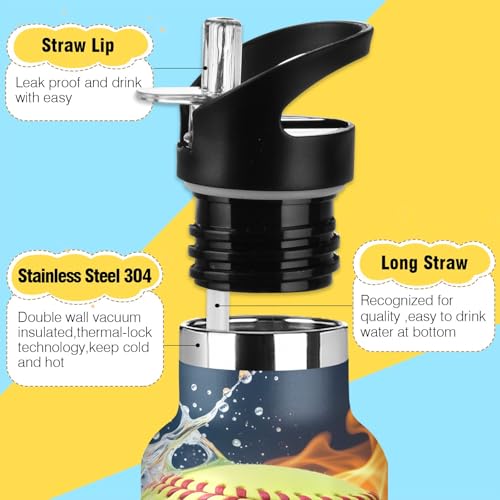 Green Baseball Fire Water Bottle Thermos Stainless Steel Vacuum Insulated Mouth Bottle with Wide Handle - color: Green Baseball Fire