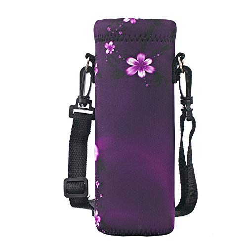 RICHEN Neoprene Water Bottle Carrier Bag with Adjustable Shoulder Strap,Insulated Water Bottle Cover for Stainless Steel/Glass/Plastic Bottles - color: Purple Flowers, size: 500ml