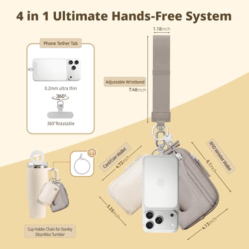 Dual Pouch Wristlet Keychain Wallet for Women, Coin Purse with RFID Blocking, Nylon Phone Wallet & Card Holder - color: Creamy Beige+Warm Taupe