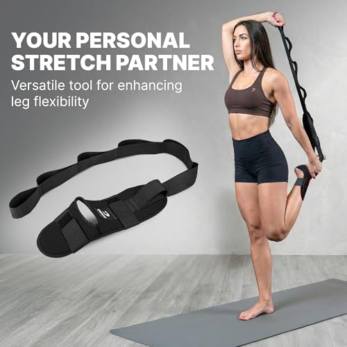 DMoose Fitness Foot & Calf Stretcher with Adjustable Padded Stretching Strap for Plantar Fasciitis, Hamstring, Heel Spurs and Achilles Tendonitis Relief - Yoga Leg Stretch Strap for Flexibility - color: Black Premium