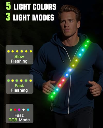 Zacro LED Reflective Sash Light Up Vest for Night Walking with 5 Colors & 3 Light Modes, Rechargeable High Visibility Neon Safety Gear for Men Women Dog Walking