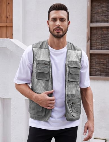 Gihuo Men's Utility Vest Fishing Safari Vest Summer Travel Vest with Pockets - color: Grey, size: X-Large