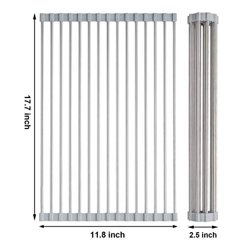 Over the Sink Dish Drying Rack, Searik Roll up Sink Dish Drainer Rack Foldable Kitchen Stainless Steel Dish Rack Sink Drying Rack (17.7” x 11.8”) - color: Gray, size: 17.7"x11.8"