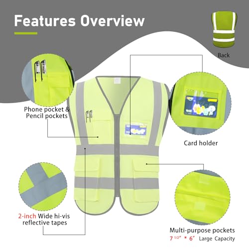 High Visibility Safety Vest with Pockets and Zipper, 1 Pack 5 Pack - color: Yellow-green, size: X-Large
