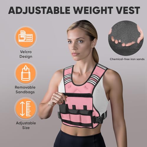 APEXUP Adjustable Weighted Vest, 4-10lb/12-18lb/20-32lb Vest with 6 Ironsand Weights and Large Pocket, Weight Vest for Men Women Strength Training, Running, Walking - color: Pastel Pink, size: 20-32lbs