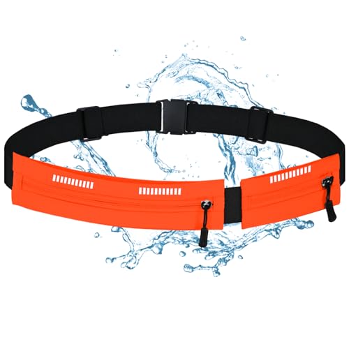 Running Belt Waist Pack, Orange, Dual Zippered Pockets, Adjustable Elastic Band with Reflective Strips (Orange) - color: Orange