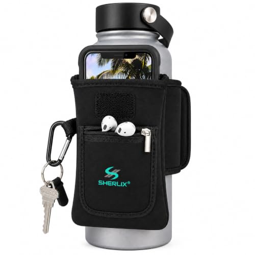 Gym Water Bottle Pouch, Waterproof Neoprene Sleeve with Accessory Pockets for Cell Phone, Airpods, Cards, Keychain Carabiner, Bottle Holder for Workout, Hiking, and More, Fits 18-40 oz Bottles - style: Universal Water Bottle Pouch (Black 18-40 oz)