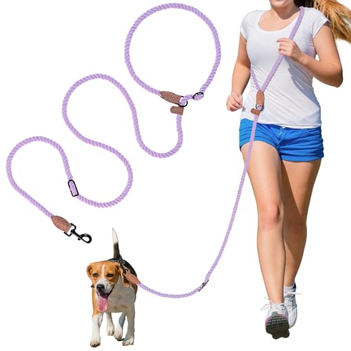 Mile High Life Hands Free Dog Leash, Crossbody Waist Leash with Genuine Leather Connection, Multifunctional Adjustable Slip Lead for Dog Walking Running (Purple, 7FT) - color: Purple, size: 7FT Hands Free