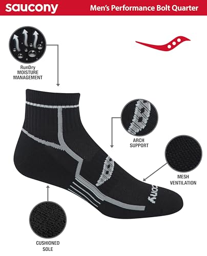 Saucony Men's RunDry Bolt Performance Quarter Socks, Available in L-XL (6, 12 Pairs) - color: Black Basic (6 Pairs), size: Large