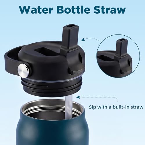 32 oz Insulated Water Bottle with Straw, Leakproof Stainless Steel Bottle with Handle, Non-Slip Silicone Sleeve, Internal Markings, Dishwasher Safe for Travel, Gym, Sports, Matte Navy - color: Matte Navy