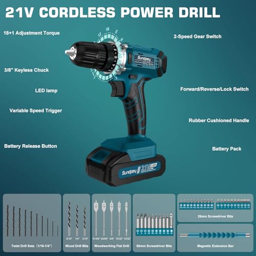 Sundpey 255-PC Portable Home and Auto Tool Kit Set with 21V Cordless Drill