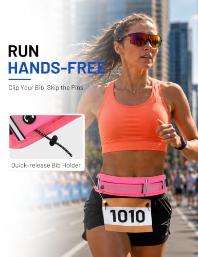 MIER Running Belt for Women & Men, Fanny Pack with Marathon Bib Clip, Pink - color: Pink