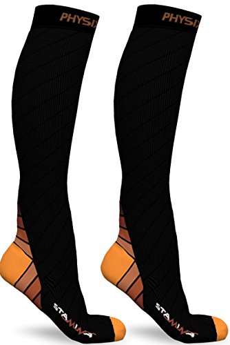 Physix Gear Compression Socks 20-30 mmHg - Men & Women - Running, Nurses, Shin Splints, Flight, Travel - color: Black/Orange, size: Large-X-Large