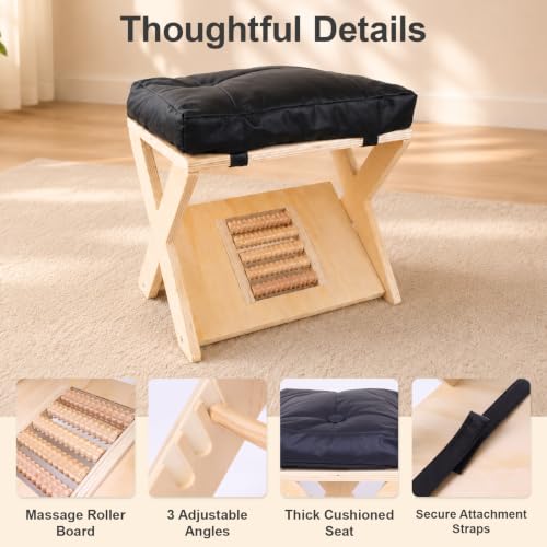 Double Step Footrest, Adjustable Wooden Foot Stool Under Desk with Massage Roller Footboard and Cushioned Top, Under Desk Footrest for Home Office