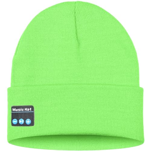 ATNKE LED Lighted Bluetooth Beanie Hat,USB Rechargeable 4 LED Wireless Music Running Headlamp Cap Gift for Men and Women - color: #Fluorescent Green