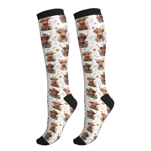 Compression Socks Women Knee High Support Circulation Stockings for Running Cycling Flying - color: Western Cow