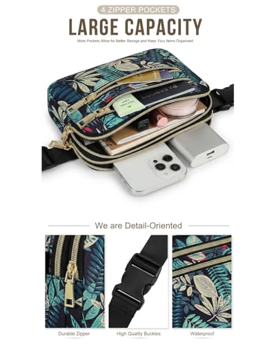 Fanny Packs for Women cross body bags, Waist Pack with Adjustable Strap - color: B-Blue Leaves, size: Double Layer