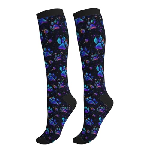 Compression Socks Women Knee High Support Circulation Stockings for Running Cycling Flying - color: Paw Print