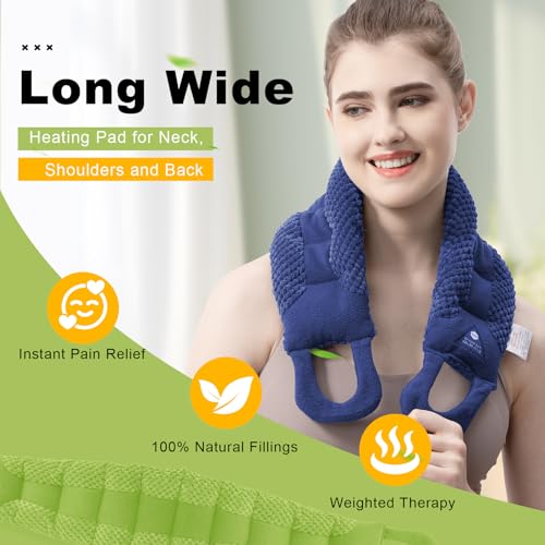 UNCN Long Heating Pad for Neck and Shoulders Back 33 x5.9inches Microwavable Large Moist Heat Pack Warm Hot Compress Neck Wrap Weighted Bag Massage Reusable Herbal Nature Calming Portable - color: Navy Blue