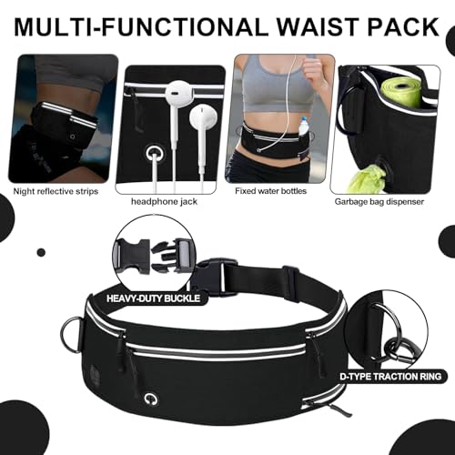 Hands Free Dog Leash with Partitioned Pouch Adjustable Waist Belt, Waist Leash for Dog Walking Running, Dual Handles, for Medium/Large Dogs - color: Black