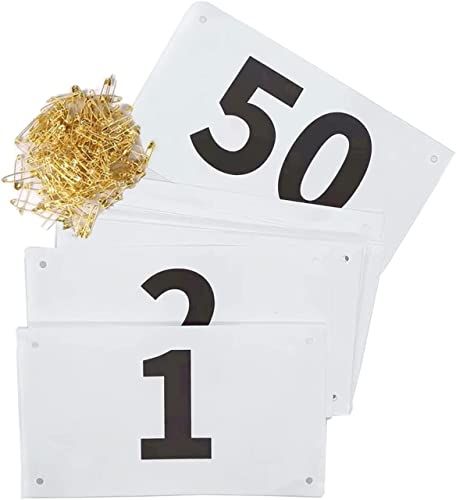 Running Race Bibs Large Numbers with Safety Pins for Marathon Race Events- Tyvek Tearproof Waterproof - color: 1-50 Numbers