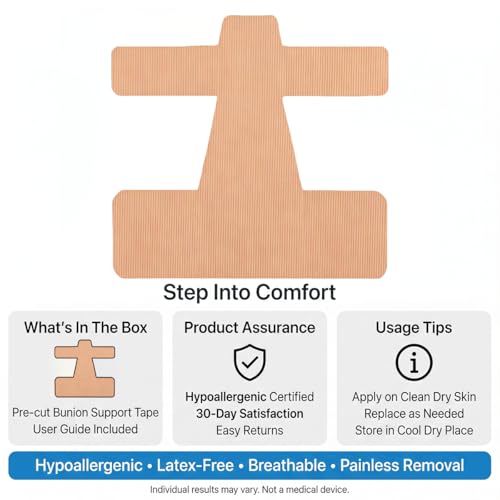 60 PCS Pre-Cut Bunion Corrector Kinesiology Tape– Elastic, Breathable & Hypoallergenic Latex-Free Toe Support Strips, Self-Adhesive Hallux Valgus Corrector for Men & Women