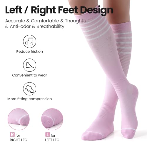 Bamboo Viscose Compression Socks 15-20 mmHg Knee High 3 Pairs Unisex - color: A02-3pair-striped Purple Apricot Pink, size: Small-Medium