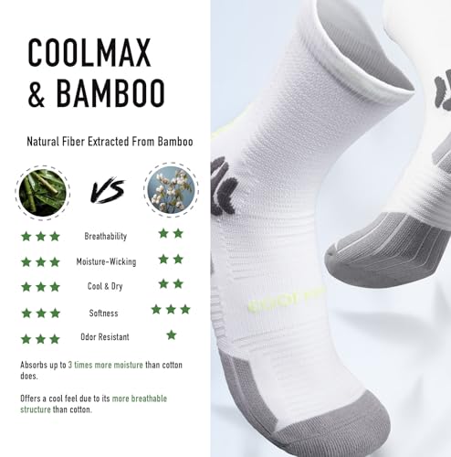 BRISIRA Coolmax Bamboo Viscose Compression Running Socks Crew Mid Calf - color: 3 Pairs Black White Blue, size: 9-13