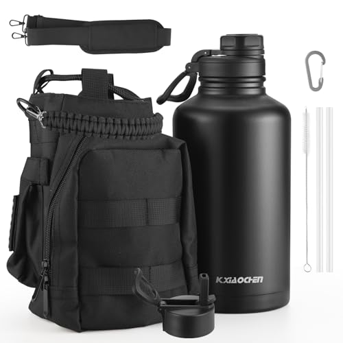 KXIAOCHEN Insulated Water Bottle with Strap, 48-Hour Cold, 2 Lids - color: Black-B, size: 64 Ounces