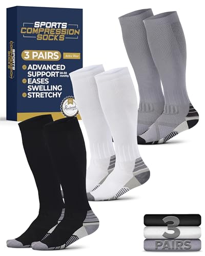 Pembrook 3 Pairs Compression Socks 20-30 mmHg - Compression Socks for Women and Men | Running, Athletic, Travel, Nurses - color: Black/White/Gray - 3 Pairs, size: Large