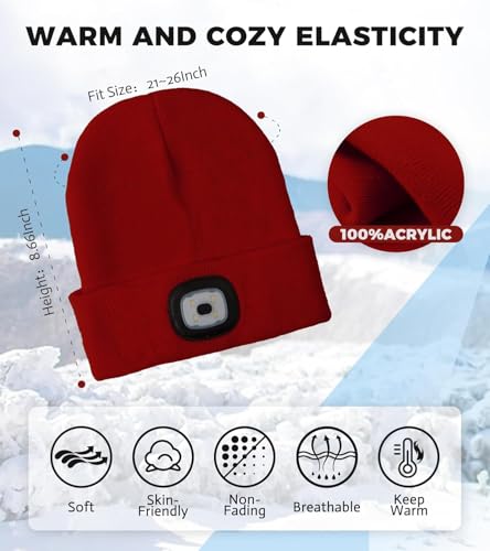 HEYAXA Bluetooth Beanie Hat, USB Rechargeable 4 LED Wireless Music Running Headlamp Cap, Dad Gifts for Husband, Dad, Birthday Gifts for Men, Dad, Father, Women, Him, Her, Red - color: Red