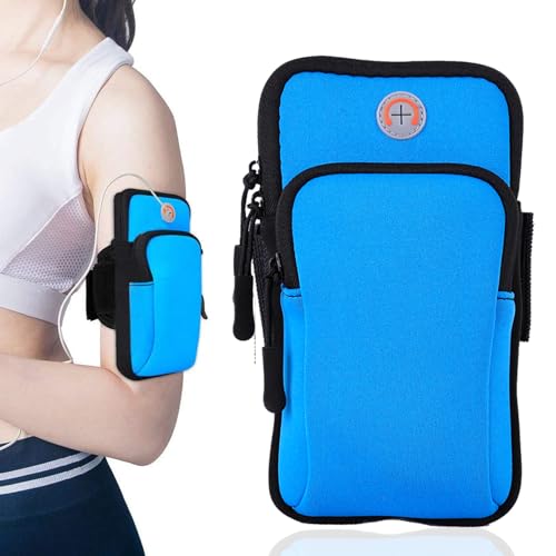 Sports Armband, Running Gym Universal Smartphone Arm Bag with Earphone Hole Multifunctional Pockets foriPhone 15, 14, 13, 12, 11 Pro Max, Xs, Xr, X, 8 Plus, SE, Galaxy S22 Ultra and More - color: Blue