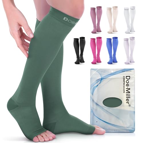 Doc Miller Open Toe Compression Socks, 20-30 mmHg, Knee High, Men & Women - color: Dark Green, size: Small