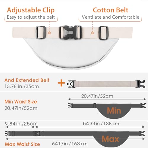 Large Fanny Pack for Women Men - Syican Waist bag with 3-Zipper Pockets - color: White+Extended Belt