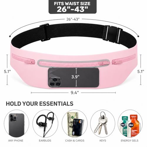 Slim No-Bounce Running Belt - Waterproof Exercise Waist Pack for Marathons, Hiking & Dog Walking - Hidden Travel Money Belt for Phones - color: Pink