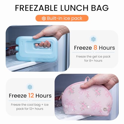 MEXS Small Cooler Bag, Freezable Snack Bag for Kids & Adults, Small Insulated Lunch Bag with Upgraded Thicker Ice Pack, Reusable Mini Cooler for Work/School/Travel - color: Pink Bow