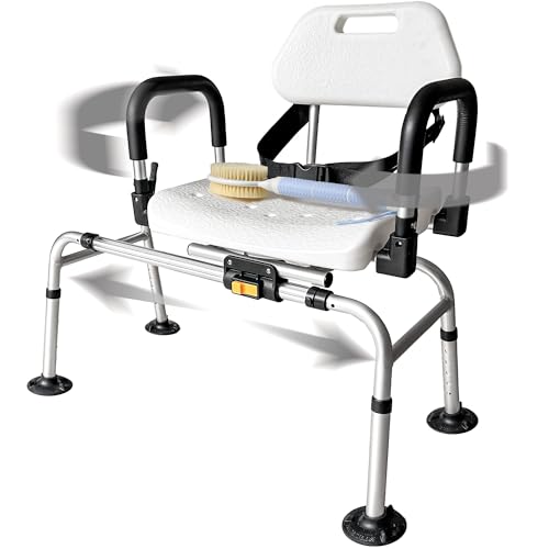 DMI 360 Max Comfort Swivel Shower Chair & Transfer Bench, Extra-Wide 360lb Capacity, Non-Slip & Padded Arms, Bonus Adjustable Back Scrubber - style: Sliding + 360° Swivel