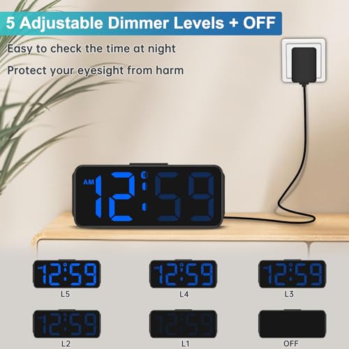 Peakeep Small Digital Alarm Clock for Bedroom, Large Number, Battery Backup - color: Blue Digits (Plug-in, Ultra-compact)