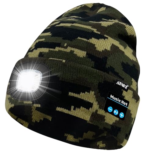 ATNKE LED Lighted Bluetooth Beanie Hat,USB Rechargeable 4 LED Wireless Music Running Headlamp Cap Gift for Men and Women - color: #Camouflage Green
