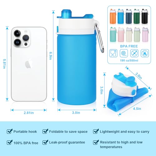 PLTCAT Collapsible Water Bottles, 19oz Foldable Silicone Travel Bottles - color: Blue