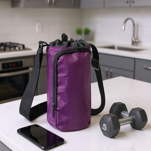 Trail maker Water Bottle Carrier Bag with Strap, Phone Pocket for Walking, Runs, Bike, Stainless Steel, Glass, Plastic - color: Purple