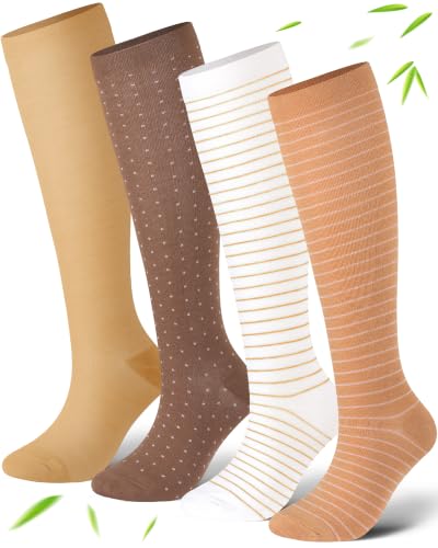 Bamboo Viscose Compression Socks|4Pairs 15-20mmHg Knee High Socks - color: Brown, size: Small-Medium