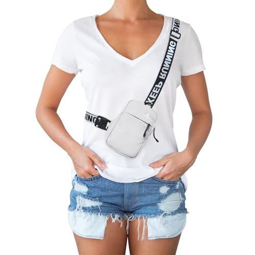 Peicees Mini Crossbody Sling Bag Chest Bag Dual Pocket Water Resistant Fanny Pack Running Phone Holder for Men Women Workout Travel, White - color: White