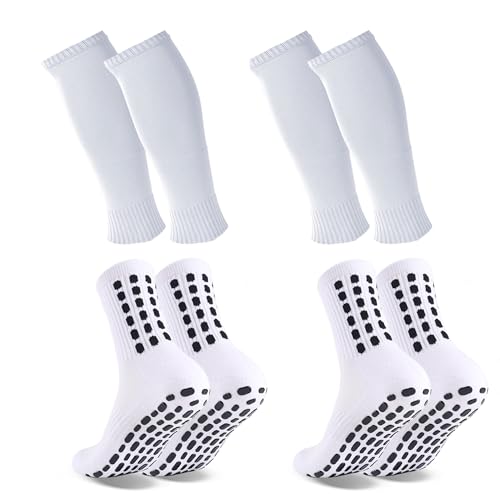 Barrlves 2 Set Grip Soccer Socks and Shin Guard Sleeves Non Slip Soccer Sleeve Socks for Men Women - color: White