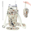 Water Bottle Carrier Bag for Stanley 40/30oz Cup Tumbler with Phone Pocket,Insulated Crossbody Water Bottle Holder with Adjustable Strap,Water Bottle Sling Pouch for Hiking Walking Camping Accessories - color: Cafe Books Flowers