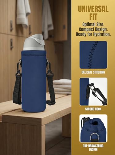 RICHEN Neoprene Water Bottle Carrier Bag with Adjustable Shoulder Strap,Insulated Water Bottle Cover for Stainless Steel/Glass/Plastic Bottles - color: Navy Blue, size: 500ml