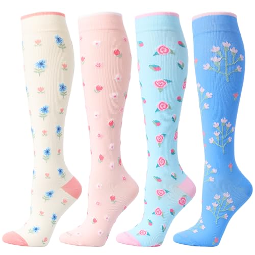 LEVSOX Compression Socks Women and Men, 20-30mmHg, Best for Nurses, Travel, Pregnancy - color: 4 Pairs Flower, size: Small