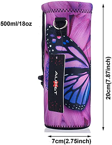 AUPET Water Bottle Sling Bag Carrier Crossbody Sleeve,Insulated Neoprene Bottle Case Holder Pouch Cover 500ML/17oz with Shoulder Strap for Walking Women Men - color: Purple Butterfly