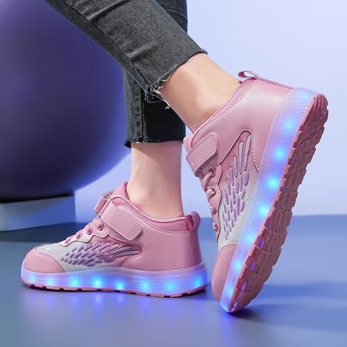 Kids Light up Shoes LED USB Charging Flashing High-top Wings Sneakers Boys Girls Trainers for Festivals Halloween Christmas New Year Party Great Gift - color: Pink White, size: 2.5 Little Kid